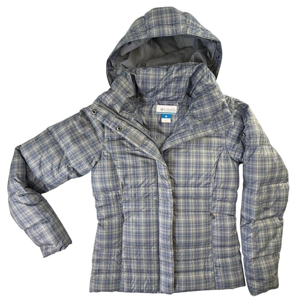 COLUMBIA Size Small Gray Blue Plaid Down Puffer Jacket Coat Hood Slim Fit Ski